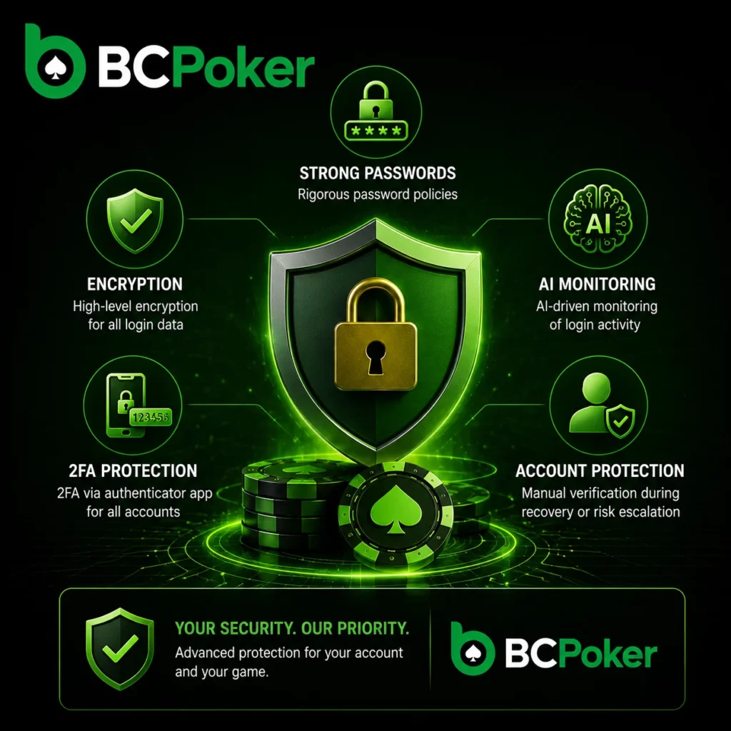 BC Poker account protection banner with encrypted login, 2FA security, AI monitoring and account recovery shield in neon green style