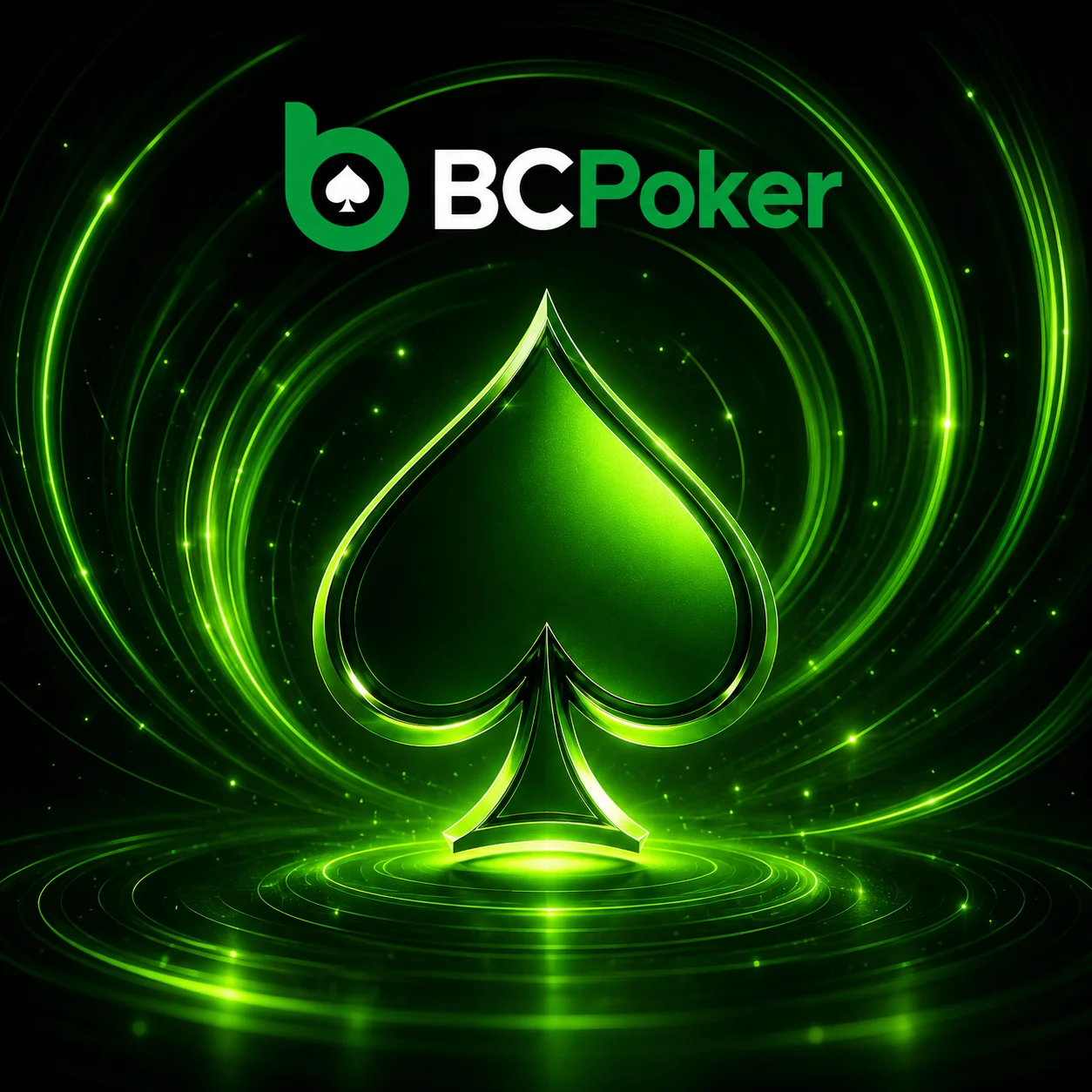 BC Poker glowing green spade symbol with neon energy rings and futuristic gaming visuals on a dark background