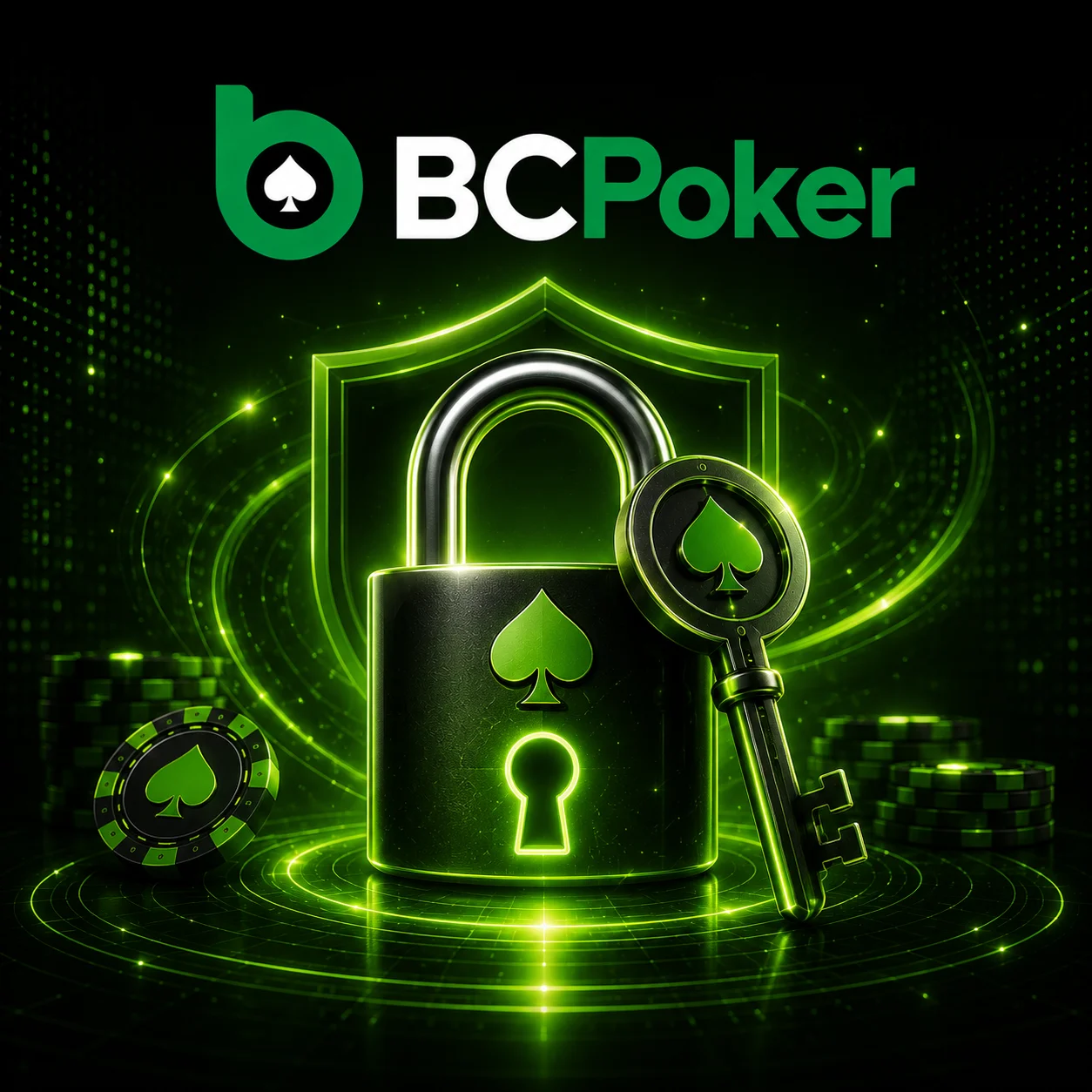 BC Poker security banner with glowing lock, key, poker chips and neon green account protection visuals on a dark background