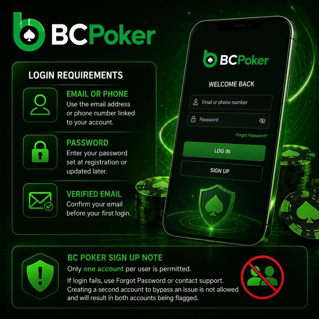 BC Poker login requirements banner with email or phone, password, verified account access and secure sign-in visuals in neon green style