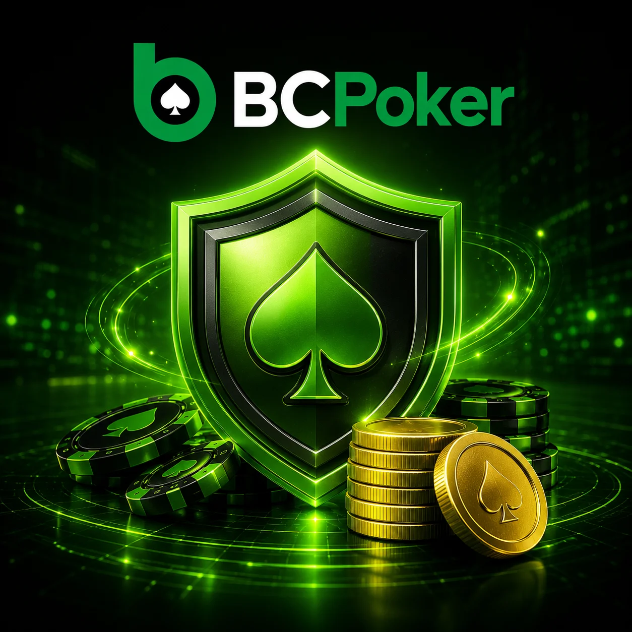 BC Poker security shield with glowing poker chips, gold coins and neon green protection visuals on a dark background